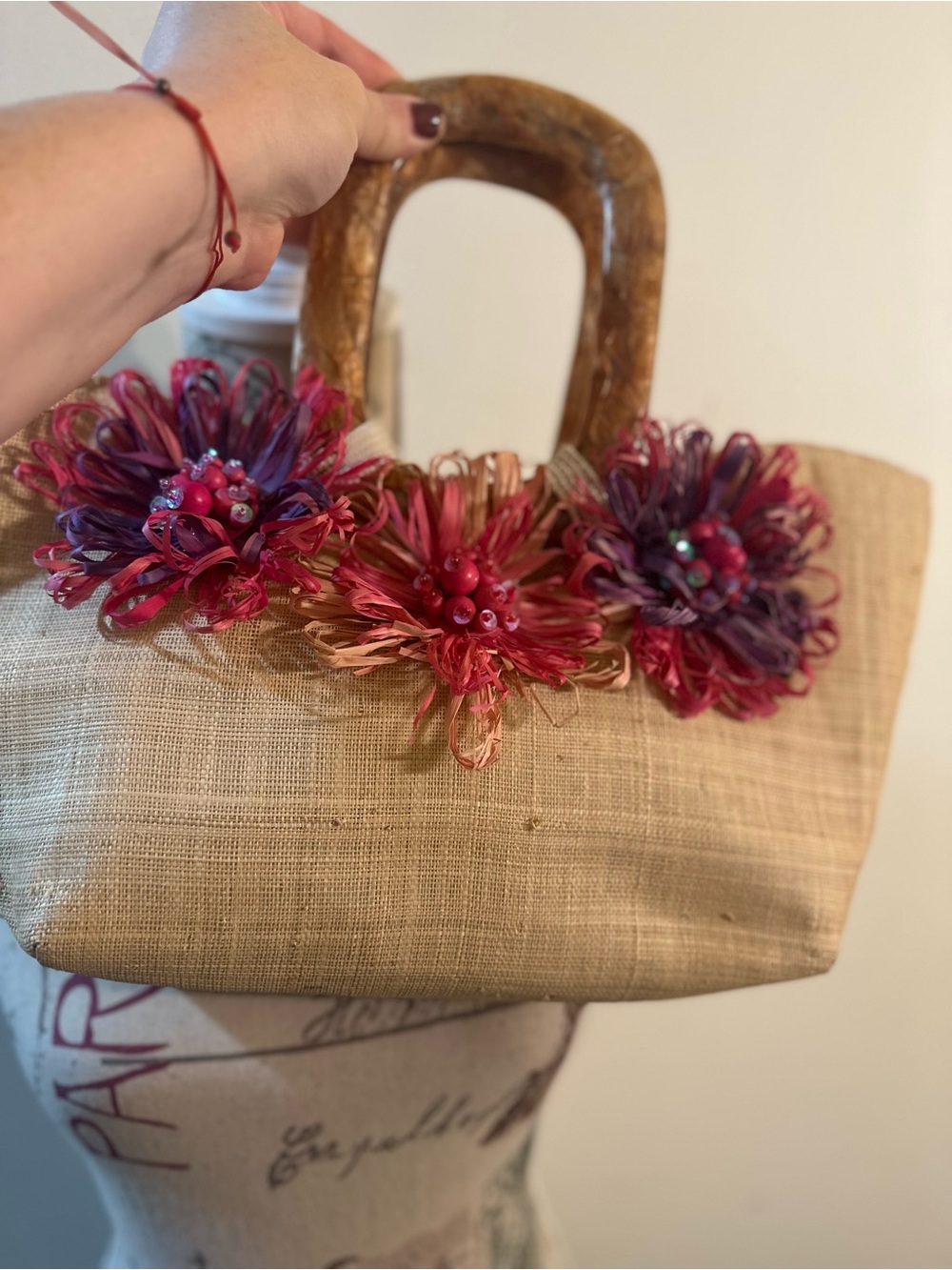 Natural Straw Tote with Pink Floral Trim and Wooden Handles